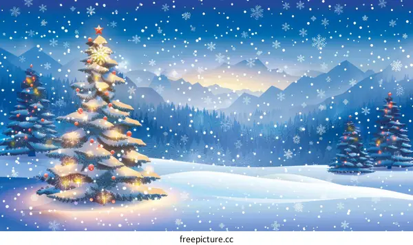 Snowy Christmas Tree in Mountainous Landscape