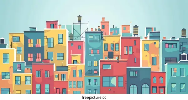 Colorful Cityscape Illustration with People on Rooftop