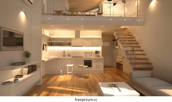 Modern Loft Apartment Interior Design With Kitchen And Living Room
