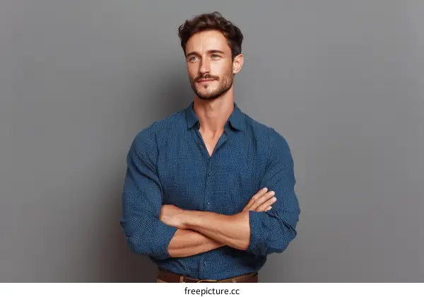 Confident Caucasian Man in Blue Shirt