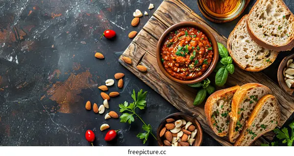 Top View of Traditional Italian Bruschetta with Fresh Basil, Chili Peppers, Almonds, and Olive Oil on Rustic Wooden Cutting Board Over Dark Stone Background
