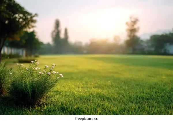 Morning Sunlight on a Lush Green Lawn with Flowers