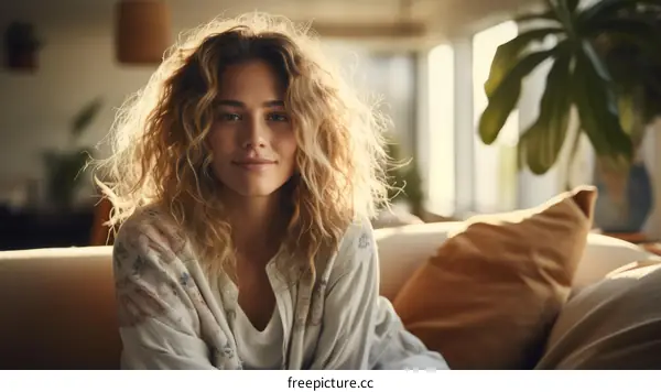 Portrait of a young woman with curly hair sitting on a couch and smiling