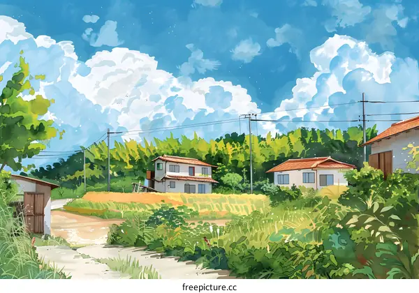 Countryside Landscape Illustration with Houses and Blue Sky
