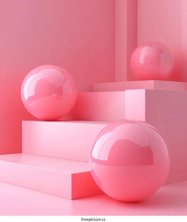 Abstract Pink Geometric Shapes with Spheres and Podiums