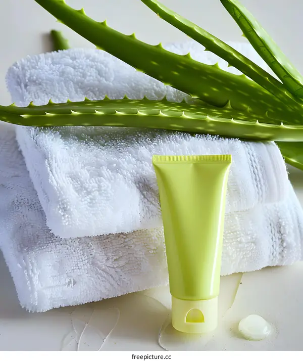 Aloe Vera Plant And Cream Tube On White Towels