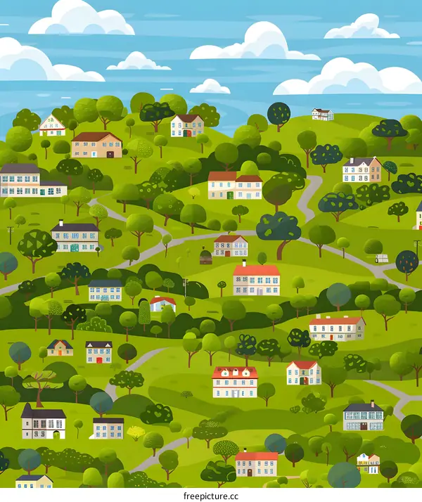Green Hills Village with Colorful Houses and Trees