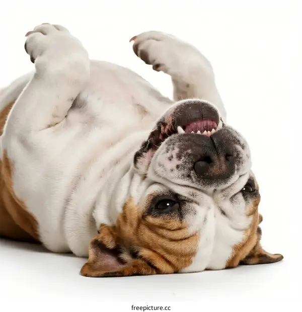 A playful English bulldog lying on its back with paws up