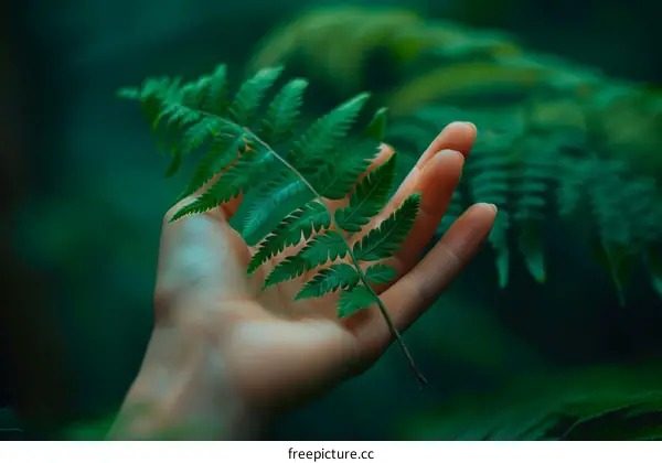 A hand holding a frond of a fern