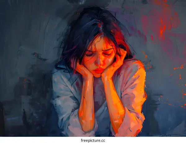 A girl with long black hair is sitting on a chair with her hands on her face