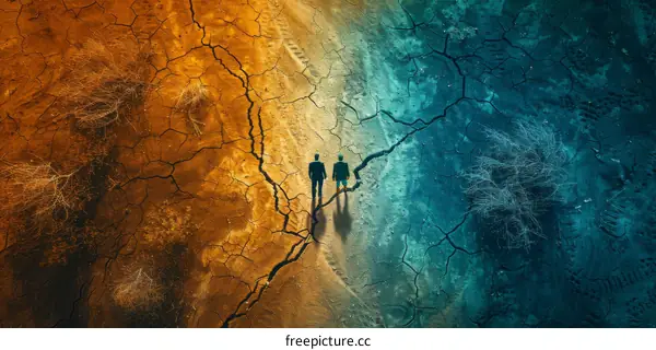 Two People Walking Through a Crack in the Earth