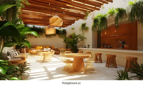 Tropical Patio Cafe with Wooden Furniture and Hanging Plants