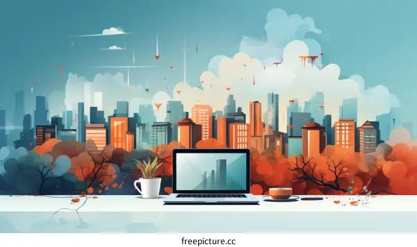 Laptop and coffee on desk with cityscape in background