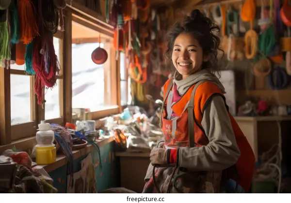 portrait of a young woman standing in a room full of colorful yarn