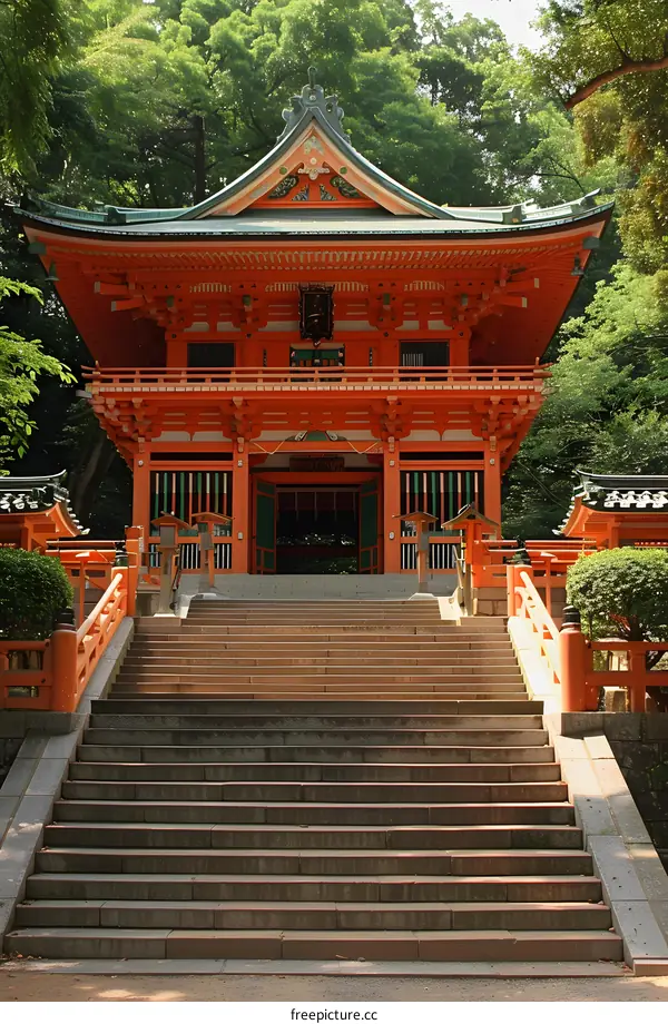 Traditional Japanese Architecture with Stairs and Green Trees
