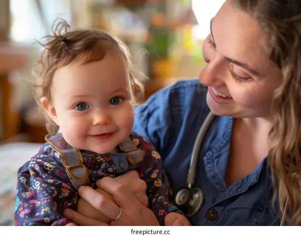 Pediatrician examining a smiling baby