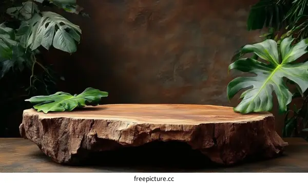 Wooden Stump Display Stand with Tropical Leaves