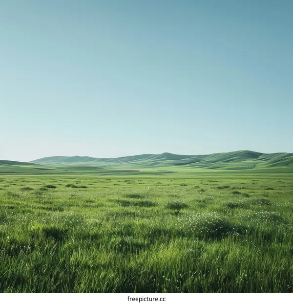 Vast Green Grassland Landscape Under Clear Blue Sky