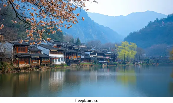Charming Lakeside Village in Spring Blossom