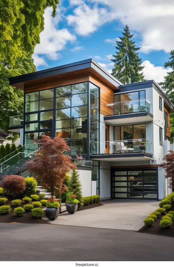 A Stunning Modern House with Glass Windows and a Black Garage Door