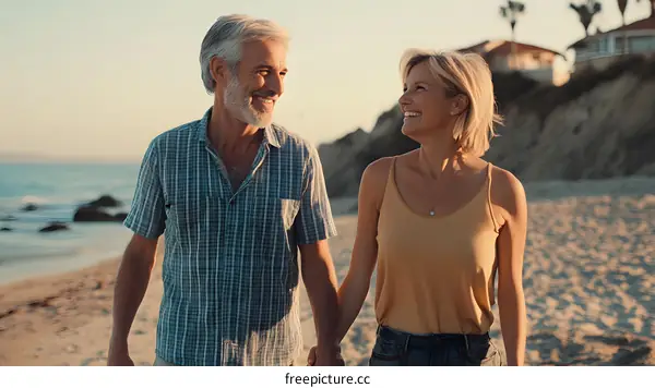Romantic Couple Walking Hand in Hand on the Beach at Sunset