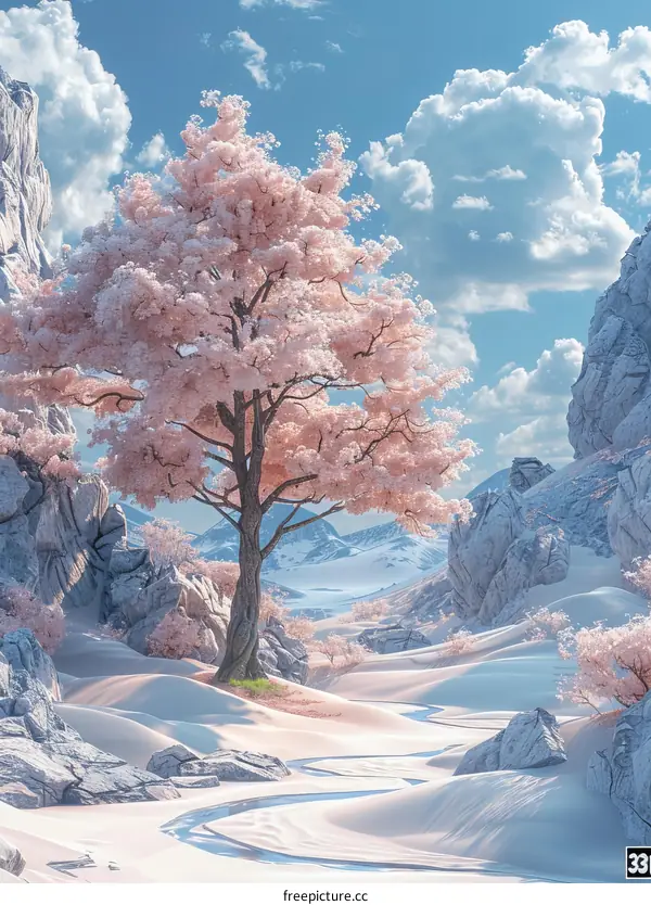 A Serene Landscape: Snow-Covered Mountain Valley with Blossoming Cherry Trees