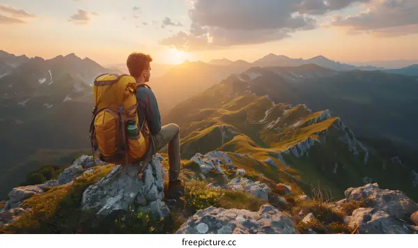 Man with Backpack Sitting on Mountain Top at Sunset