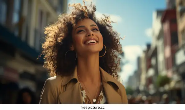 carefree woman walking down the street