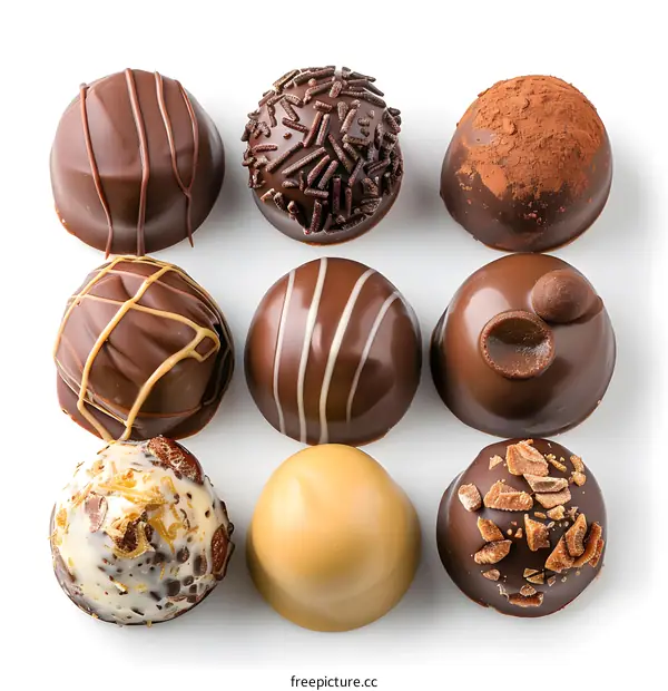 Chocolate candies assortment on white background