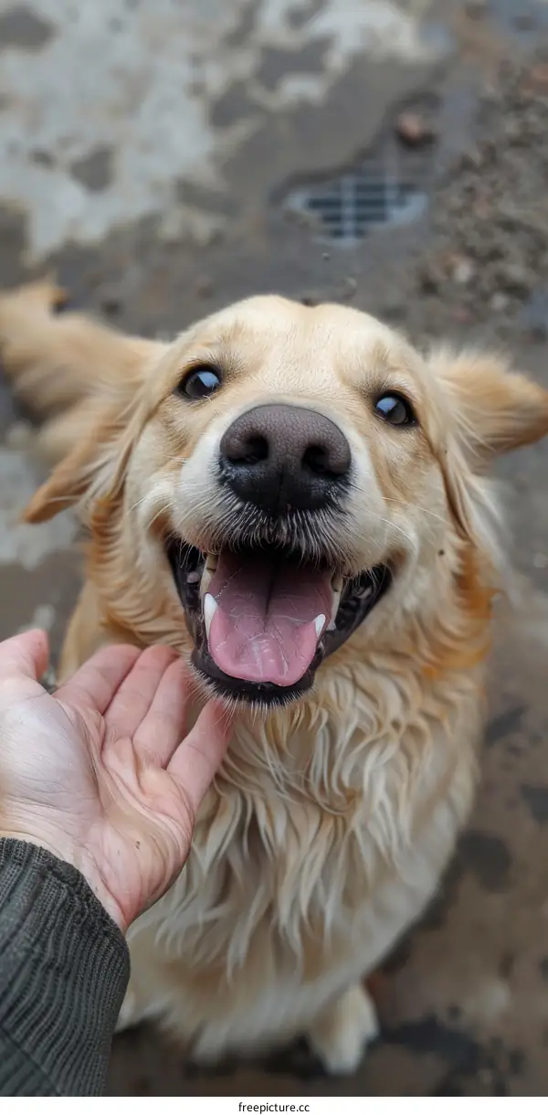 A golden retriever dog smiling with its tongue out