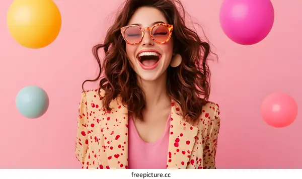 Happy Woman in Sunglasses Holding Balloons on Pink Background