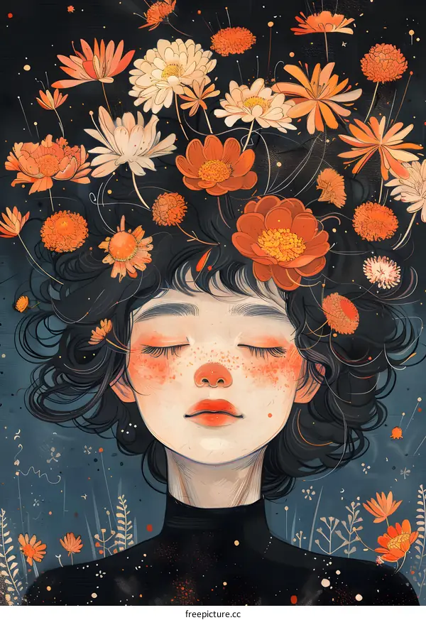 Girl with Flowers in her Hair Illustration