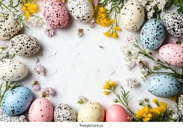 Colorful Easter Eggs and Flowers Frame on White Background