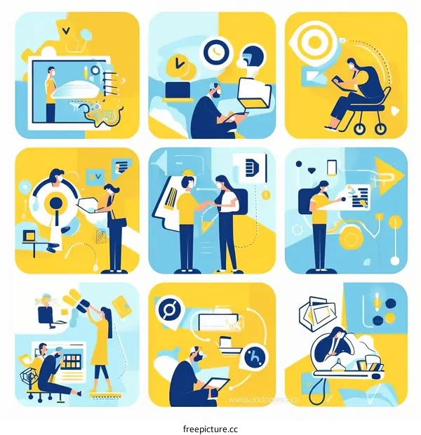 Illustration of people using computers and technology