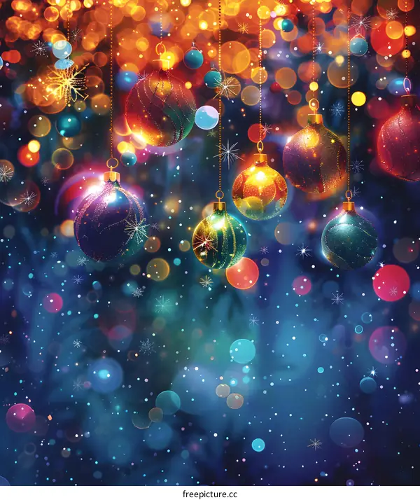 Christmas balls hanging on a blue background with snowflakes
