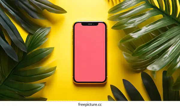 Yellow Phone with Green Leaves on a Yellow Background