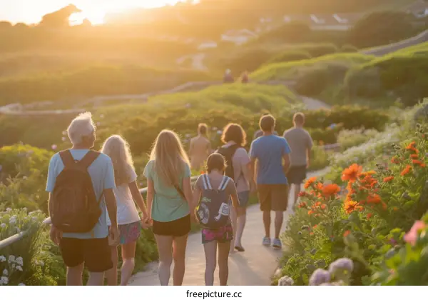 Family walking on a coastal path at sunset