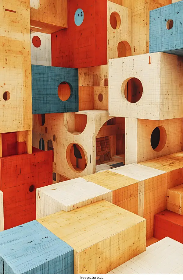 Abstract Wooden Block Structure with Circular Cutouts