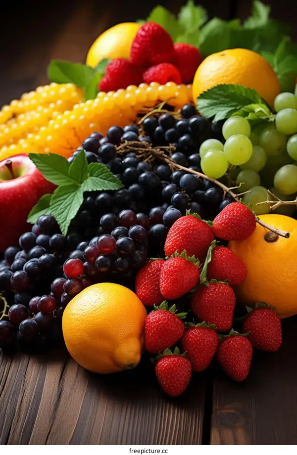 A variety of fruits are arranged on a wooden table.
