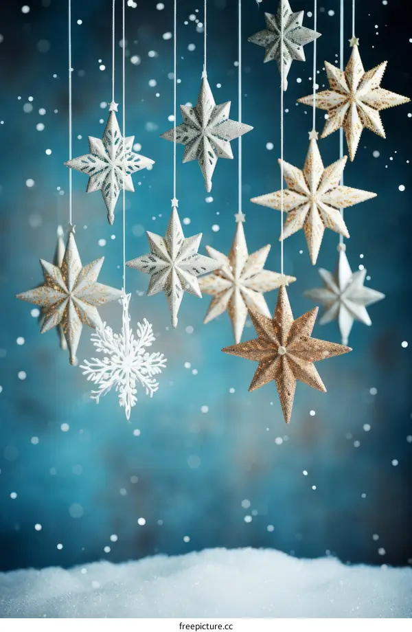 Christmas ornaments hanging from strings with a blue background