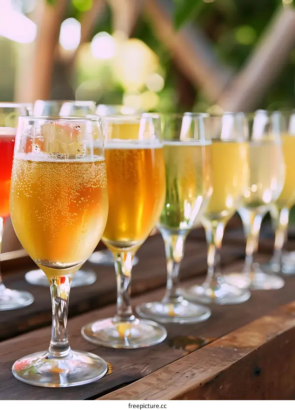 Close up of a Row of Golden Glasses with Alcoholic Beverages
