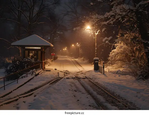 Snowy Night Train Tracks in the Forest