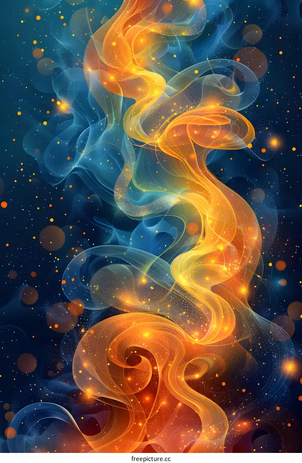 Golden flames flicker against a blue background