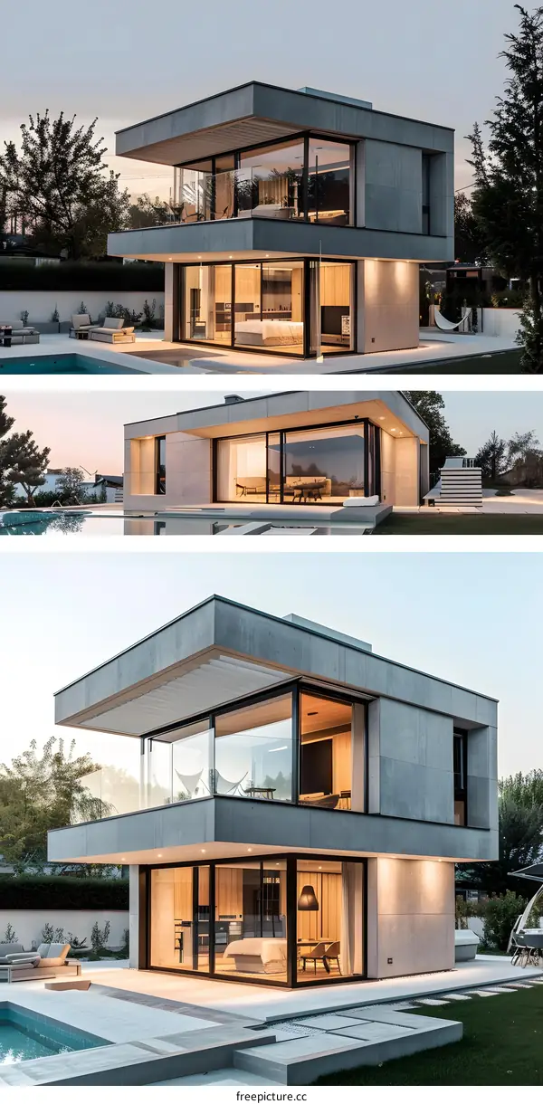 Modern Concrete House With Pool And Large Windows