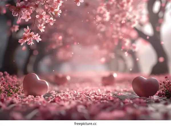 Pink Hearts and Cherry Blossoms in Spring