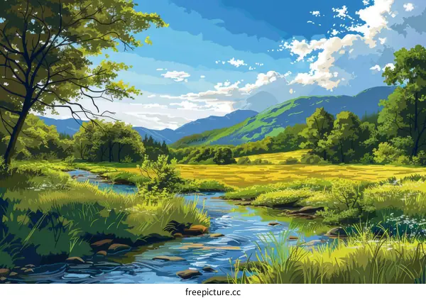 Lush Green Valley with Winding River and Rolling Hills