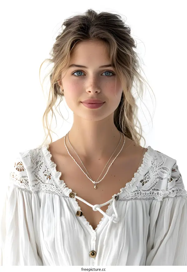 portrait of a beautiful young woman with freckles and blue eyes