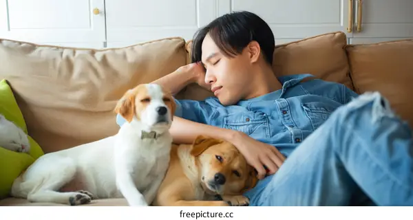 A young man is sleeping on the couch with his two dogs
