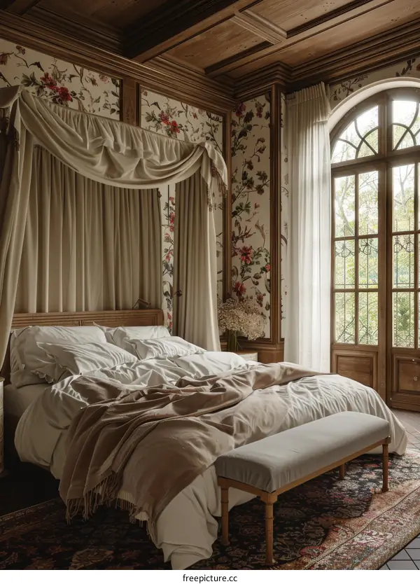 Elegant Bedroom with Floral Wallpaper