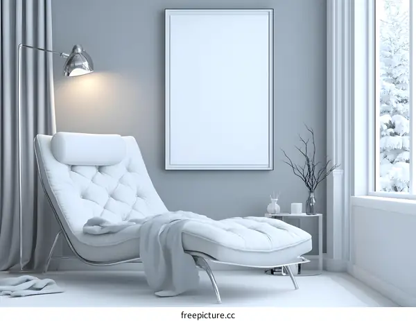 White Chaise Lounge with Blank Canvas in Minimalist Living Room Interior